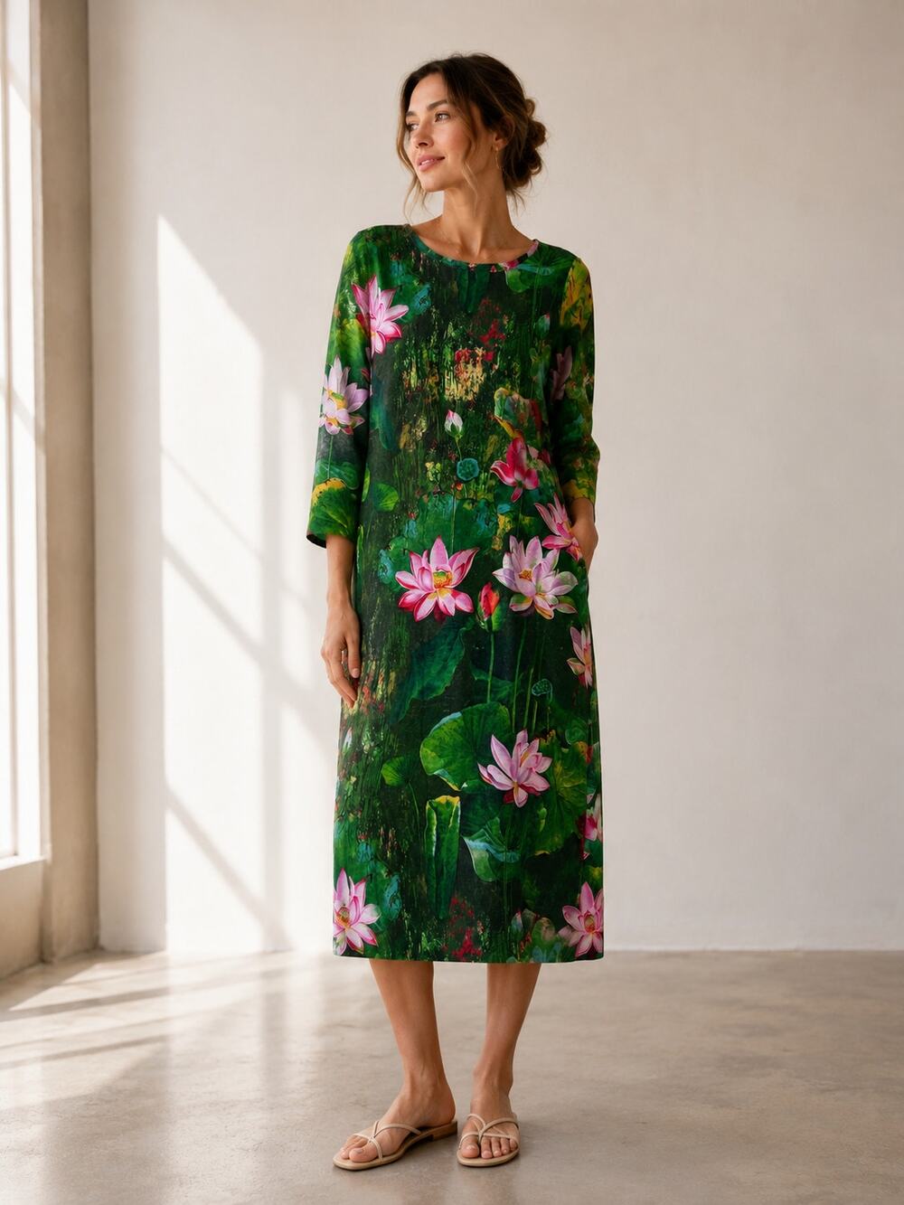 Korean Lotus Flower Water Lily Pond Dress Lagenlook Shift Green Multi Large